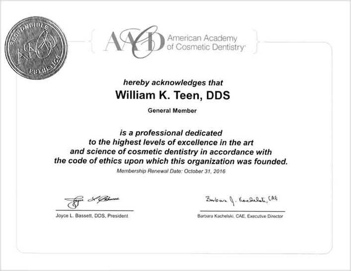 American Academy of Cosmetic Dentistry Certificate